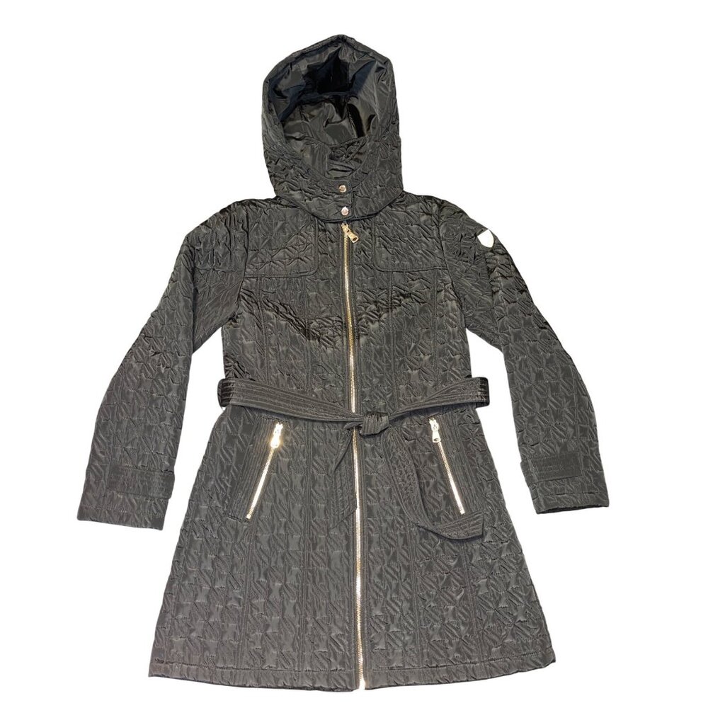 Vince Camuto Womens Belted Quilted Coat With Hood & Zipper Pockets Black Down Al